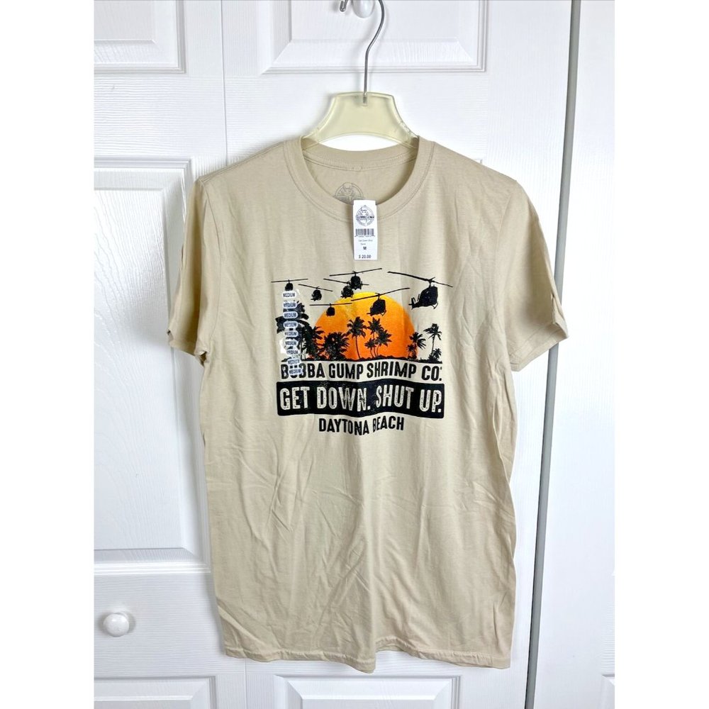 Bubba Gump Shrimp Company NWT  "Get Down Shut Up" Daytona Beach Tan Shirt Size M